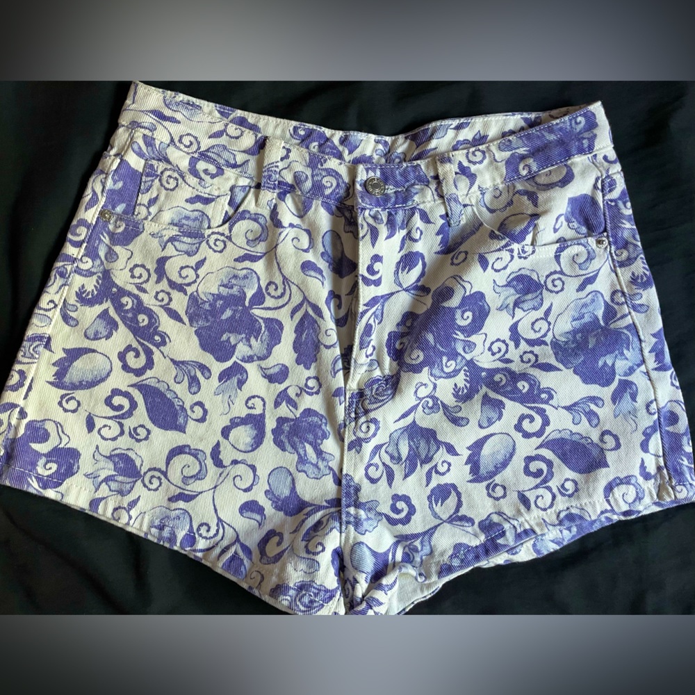 women’s denim shorts paisley purple and white